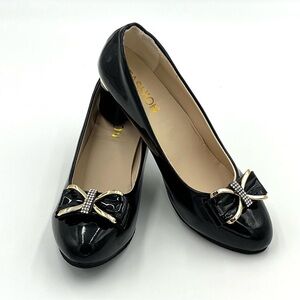 NWOB Fashion Black Patent Leather Rhinestone Bow Chunky Heel Pumps Size 39